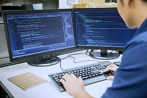 a computer software engineer who is writing code to fix his software errors after the company filed a claim with their technology insurance company