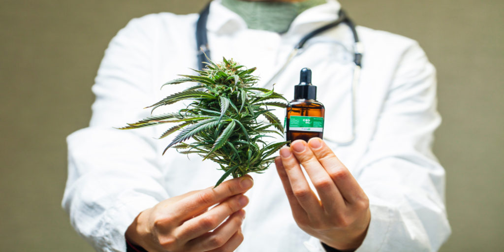 Doctor holding a medicinal marijuana leaf and oil