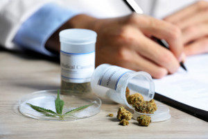 Doctor writing a prescription with an open bottle of medicinal marijuana to the side