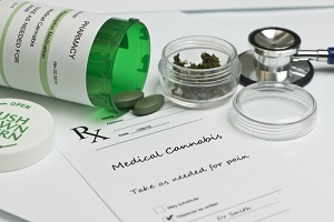 medical marijuana prescription with bottle and stethoscope