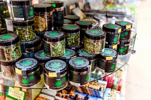 cannabis and other herbs in jars as a souvenir in the store