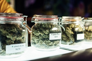 dispensary worker vending jars of cannabis