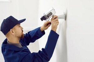 man installing cctv camera in private office