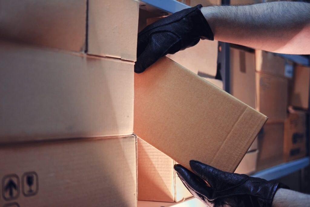 man wearing leather gloves stealing a box from inventory shelving