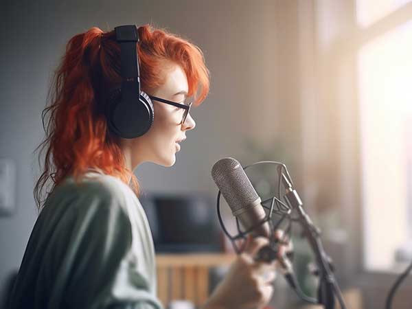 Woman recording an episode covered by production insurance for podcasts