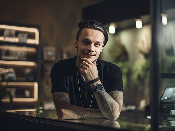 budtender in a cannabis store with dimmed lights