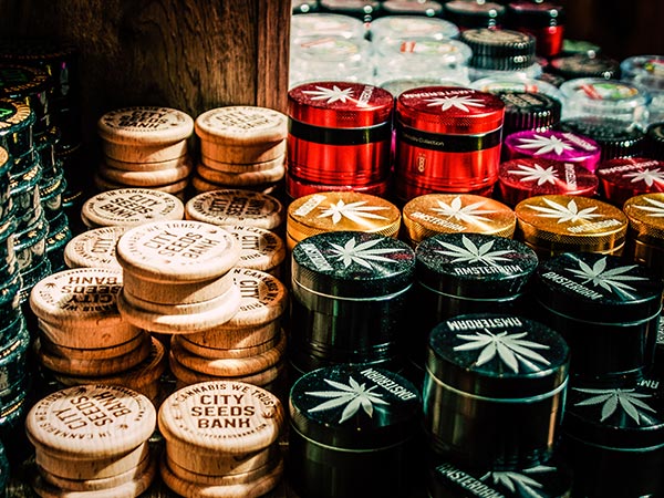 closeup of cannabis containers at a shop