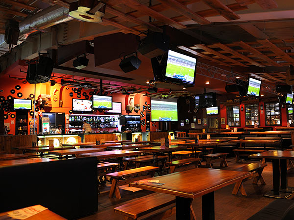 empty sports bar with dimmed lights