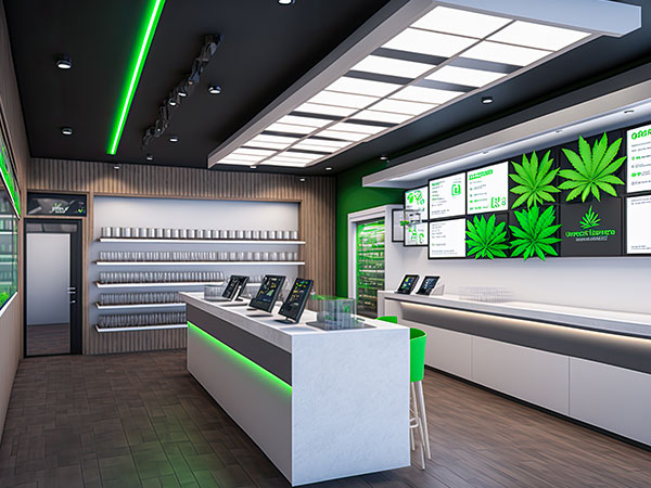 inside a cannabis dispensary with bright lights