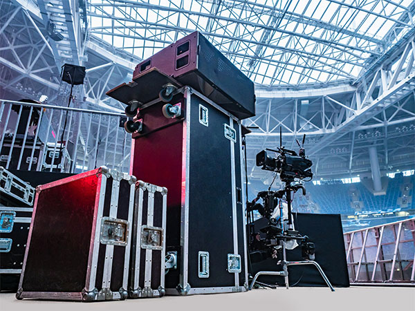 music band equipment cases on stage