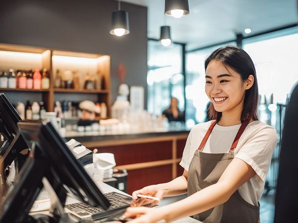 smiling women at a checkout in a local store