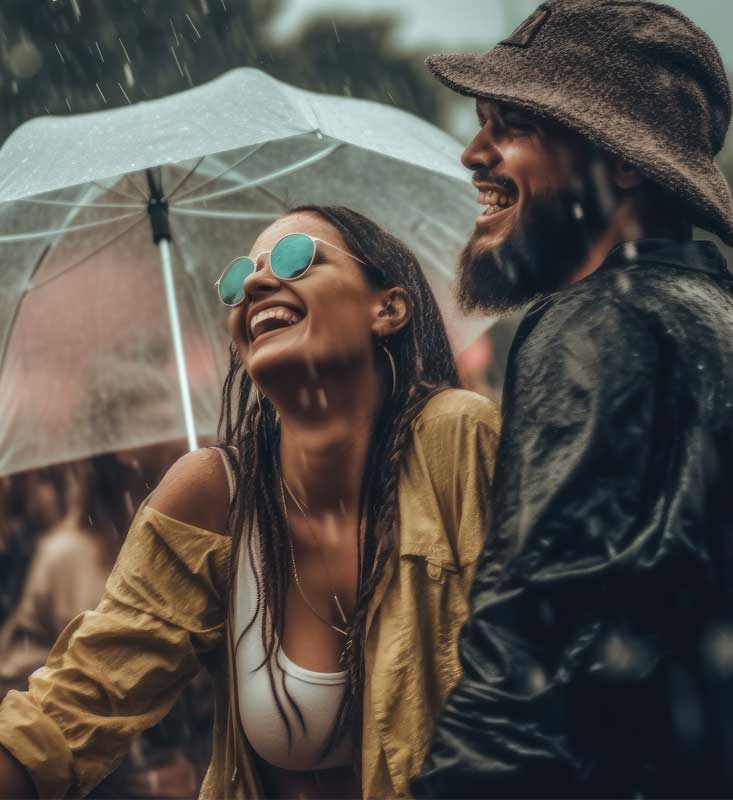 Couple having fun at a rainy festival