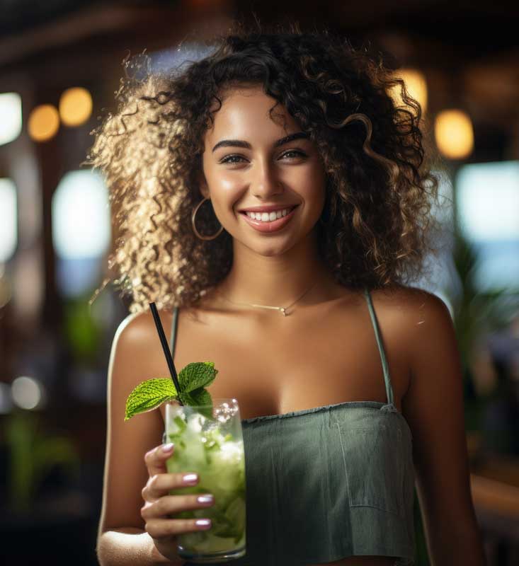Smiling woman with a drink in her hand