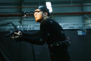 actor wearing motion capture suit acting as a game or animation movie character