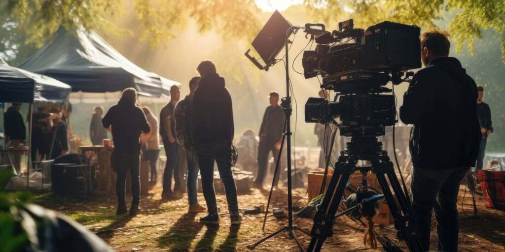 behind the scenes of movie shooting or video production and film crew team with camera equipment at outdoor location on sunny day with flare lighting
