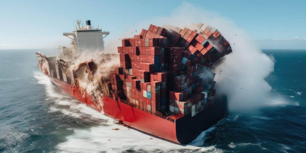 tanker with containers crashes in a ocean clear sky
