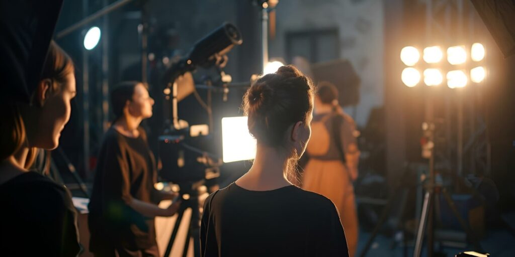 people in the film studio with cameras and lights on
