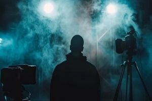 cinematic spotlight silhouette blurred cinematographer in dark smoky studio with led lights and filmmaking equipment atmospheric photography