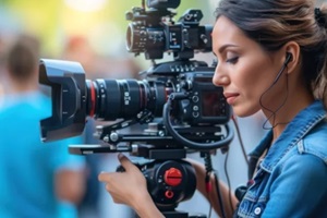 female filmmaker adjusts professional camera on set with a cheerful demeanor