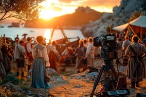 film crew captures a movie scene in a vintage setting at sunset