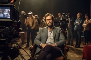 movie director at studio The film director sits confidently in his chair looking at the camera with a team in the background