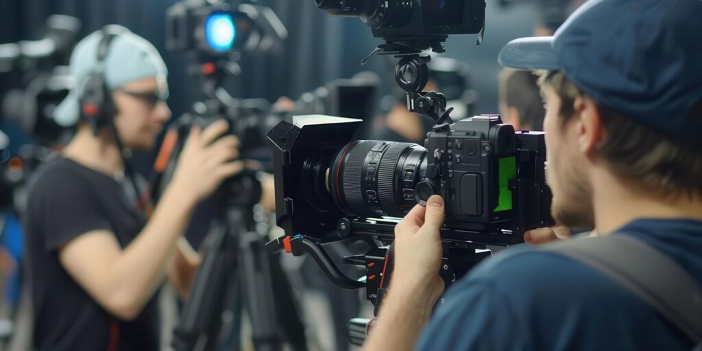 a film crew setting up cameras on a movie set, representing film production