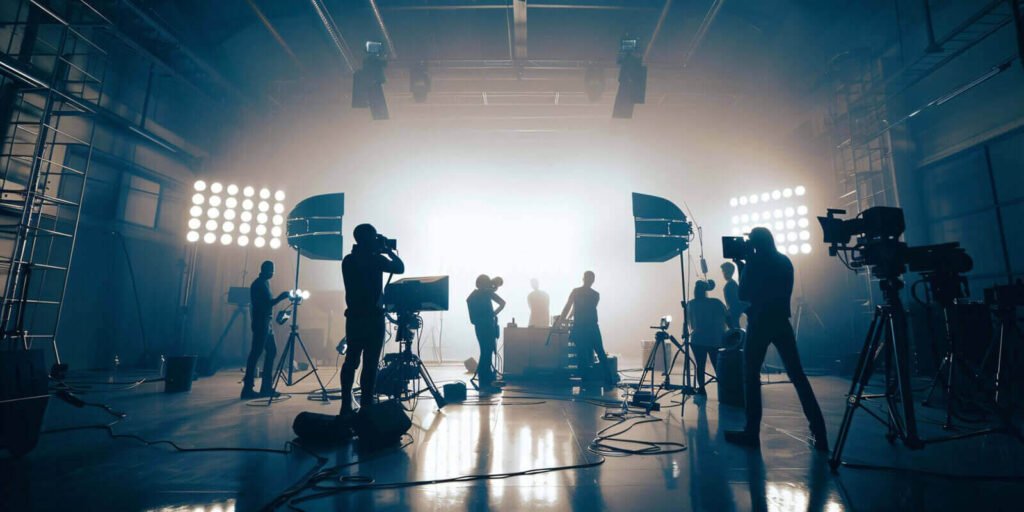 commercial video film movie making lighting set professional studio production big working people silhouette scenes behind television camera motion picture equipment crew photo light