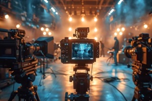 film crew on the set in film studio