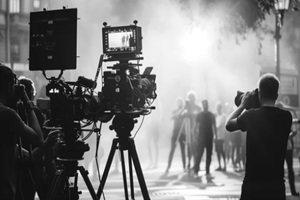 black and white image of a film crew working on a city street, shooting a scene with a group of actors