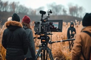 film crew team shooting movie scene on outdoor location