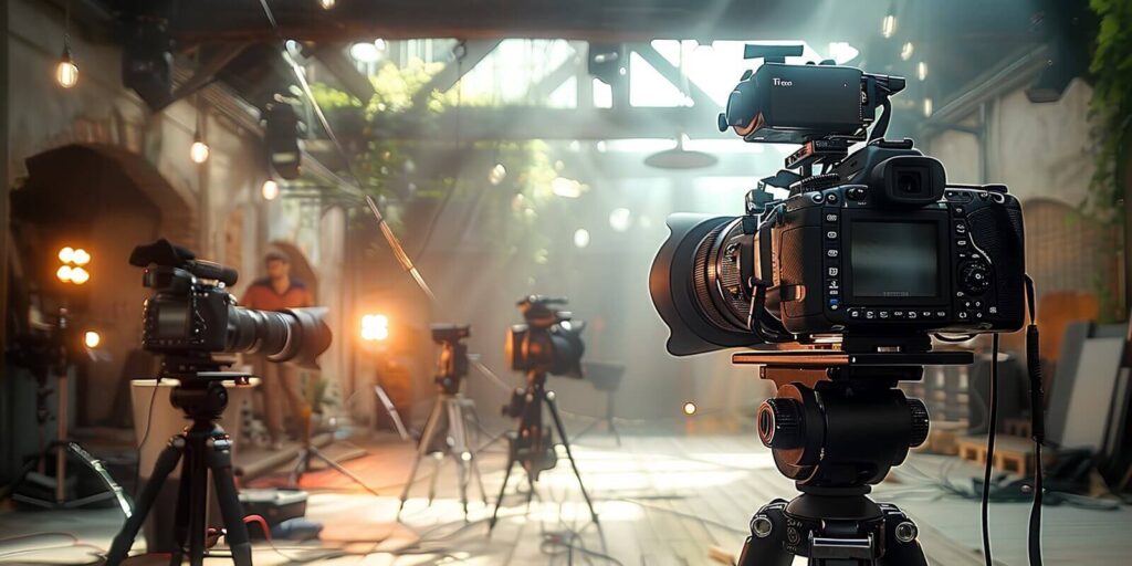 multiple professional cameras on tripods capturing scene with crew in background