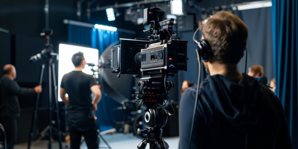 behind-the-scenes glimpse of a professional video camera filming in a studio