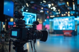 bustling television studio features large cameras and bright lights, highlighting a high-end camera setup