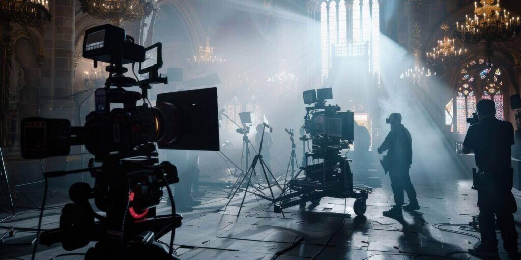 detailed behind-the-scenes view of a commercial film production, featuring sophisticated cameras, lighting equipment, and a dedicated crew