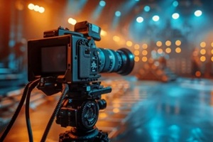 image features a sophisticated camera with a large lens on a set displaying a futuristic cinematic stage with blue tones