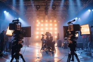 professional film studio setup featuring high-end cameras, lighting equipment, and crew preparing for movie production