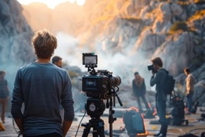 camera operator standing on movie set filming