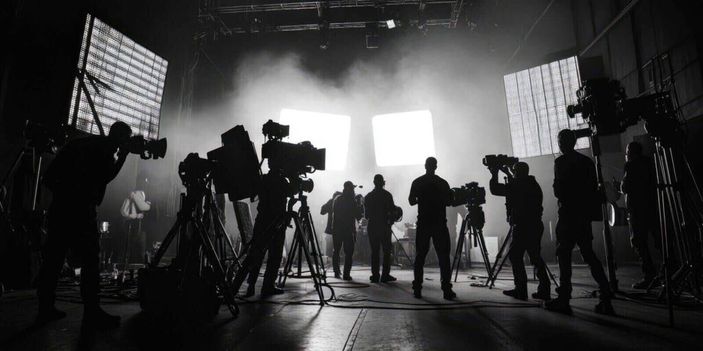 commercial video film movie making lighting set professional studio production big working people silhouette scenes behind television camera motion picture equipment crew photo light