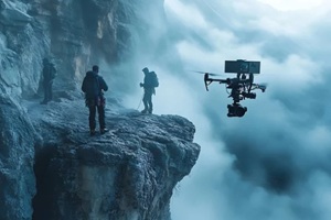 drone filming an action scene on a mountain cliff, operated by a filmmaker dressed in rugged outdoor gear