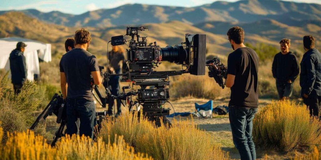 film crew shooting a scene in a desert landscape with mountains in the background