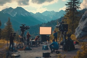 film crew shooting in majestic mountain landscape