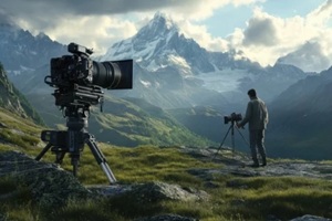 man setting cameras for shooting in the hills