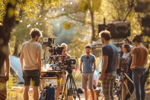 people shooting in a forest