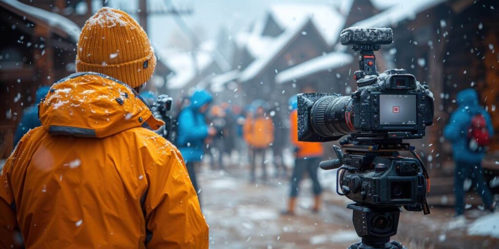 videographer captures a snowy scene with a DSLR camera and a tripod in a charming winter village