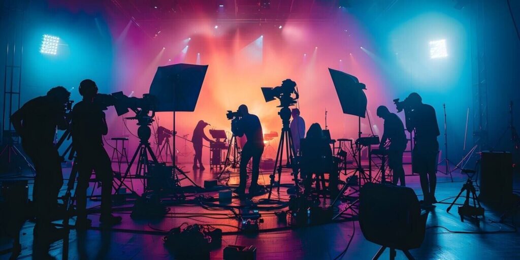 commercial video film movie making lighting set professional studio production big working people silhouette scenes behind television camera motion picture equipment crew photo light