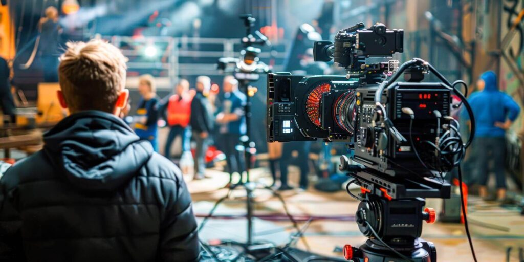 film crew working together on movie set in pavilion