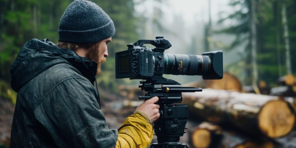 filmmaker sets up a professional camera in a forest, surrounded by logs and greenery