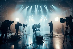 professional film crew working in big studio with cameras lights and silhouettes on movie set