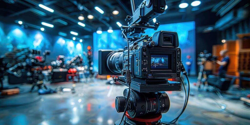 high-tech behind-the-scenes glimpse into a modern film production studio showcasing an array of professional cameras and filming equipment