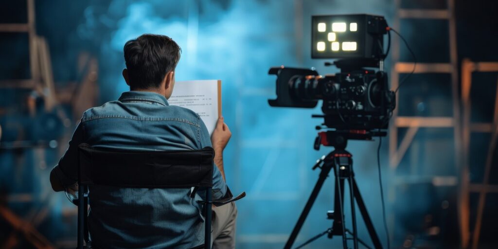 director reviewing script on film set